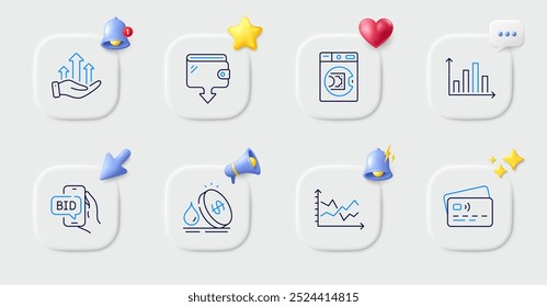 Ícones de Carteira, Gráfico de diagrama e Linha de cartão. Botões com sino 3d, fala de bate-papo, cursor. Pacote de Diagrama gráfico, Oferta de oferta, ícone de gráfico Crescimento. Lavar dinheiro, pictograma do preço do combustível. Vetor