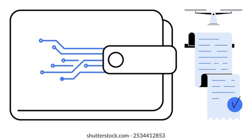 Cartera con un circuito digital y Comprobante de un dron de entrega. Ideal para fintech, comercio electrónico, Comprobante sin papel, finanzas modernas y transacciones sin efectivo. Estilo minimalista limpio