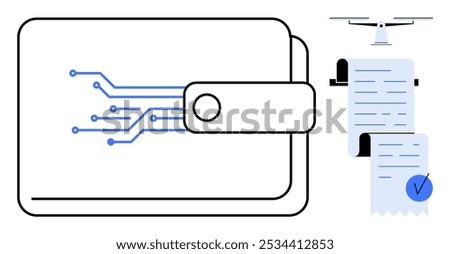 Wallet with a digital circuit and receipts from a drone delivery. Ideal for fintech, e-commerce, paperless receipts, modern finance, and cashless transactions. Clean minimalist style