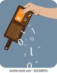 Wallet with digital currency. Payment for purchases by bitcoins. Income of investments in bitcoin. New technologies in economy. Vector illustration