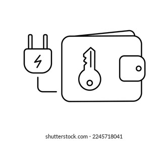 Tecla digital de cartera. Ciberseguridad. Cartera criptográfica. Línea de vectores. Curso de contorno modificable.