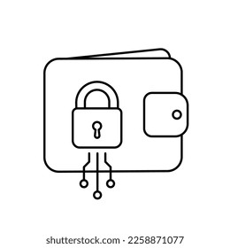 Bloqueo digital de la cartera. Ciberseguridad. Cartera criptográfica. Línea de vectores. Curso de contorno modificable.