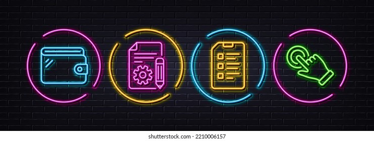 Iconos de línea mínimos de cartera, documentación y lista de comprobación. Luces 3d láser neón. Iconos de gestos de pantalla táctil. Para web, aplicación, impresión. Dinero presupuesto, Proyecto, Lista de datos. Haga clic en mano. Vector