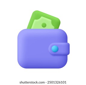 Billetera con billetes en dólares, efectivo verde. Banca móvil y servicio de pago en línea. Concepto de finanzas, inversión, presupuesto y ahorro. Icono de Vector 3D. Estilo minimalista de dibujos animados.