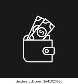 Wallet with Dollar Bills on Black Background, Representing Cash, Payments, or Financial Management, White Outline Icon