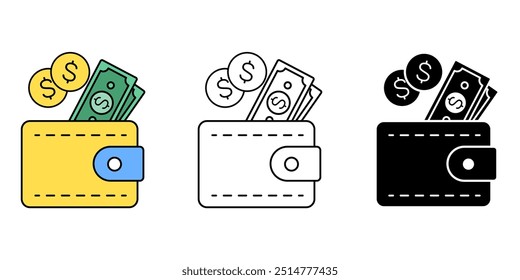 Wallet and Dollar coin and Banknotes icon set. electronic money symbol isolated background. investment finance silhouette icon, vector illustration.