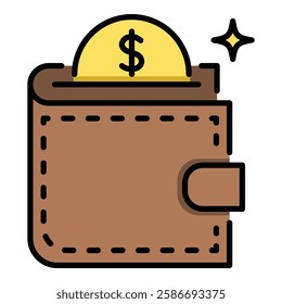 Wallet with dollar coin color-filled round line vector icon with editable stroke, symbolizing personal finance, savings, and money management.