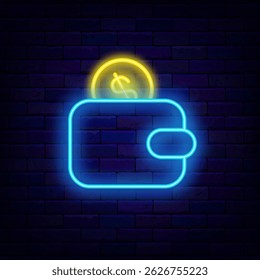 Wallet with dollar coin neon sign. USA money. Economy emblem. Finance accumulation. Vector stock illustration