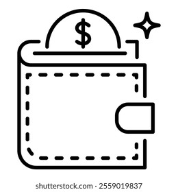 A wallet with a dollar coin, representing personal finance and savings, round line vector icon with editable stroke