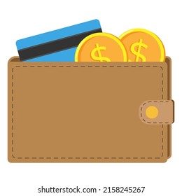 Wallet with dollar coins and credit card. Flat vector illustration.