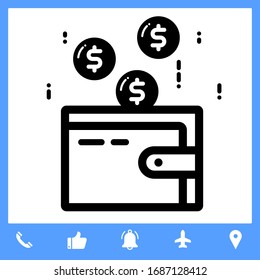 Wallet and dollar coins icon for finance concept. Linear style. pixel-aligned, Pixel Perfect, Editable Stroke, Easy Scalablility. 
