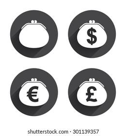 Wallet with Dollar, Euro and Pounds currency icons. Cash bag signs. Retro wealth symbol. Circles buttons with long flat shadow. Vector