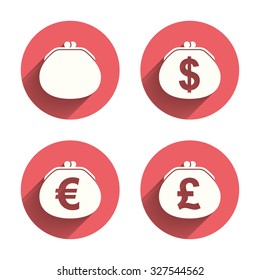 Wallet with Dollar, Euro and Pounds currency icons. Cash bag signs. Retro wealth symbol. Pink circles flat buttons with shadow. Vector
