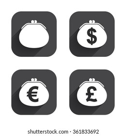 Wallet with Dollar, Euro and Pounds currency icons. Cash bag signs. Retro wealth symbol. Square flat buttons with long shadow.