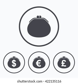 Wallet with Dollar, Euro and Pounds currency icons. Cash bag signs. Retro wealth symbol. Icons in circles.