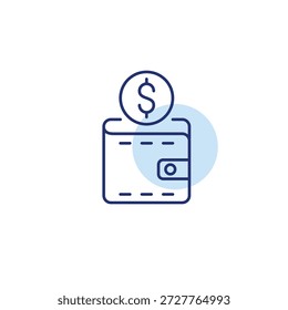 Carteira e dólar. Pagamento e compras digitais. Segurança e proteção da conta. Pixel perfeito, ícone de vetor de traçado editável