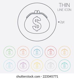 Wallet dollar sign icon. Cash bag symbol. Thin line circle web icons with outline. Vector