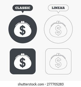 Wallet dollar sign icon. Cash bag symbol. Classic and line web buttons. Circles and squares. Vector