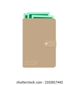 Cartera con dólares. Cartera cerrada de cuero gris sobre fondo blanco. Ilustración vectorial. Estilo de caricatura plano
