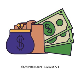 wallet with dollars and coin bag