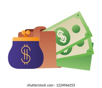 wallet with dollars and coin bag isolated icon