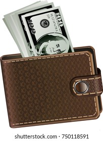 Wallet with dollars money brown vector illustration isolated