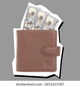 Wallet dotted collage element pointillize in paper torn vector, blending finance with artistic textures. Ideal for modern financial graphics, abstract money concepts, or unique business designs.