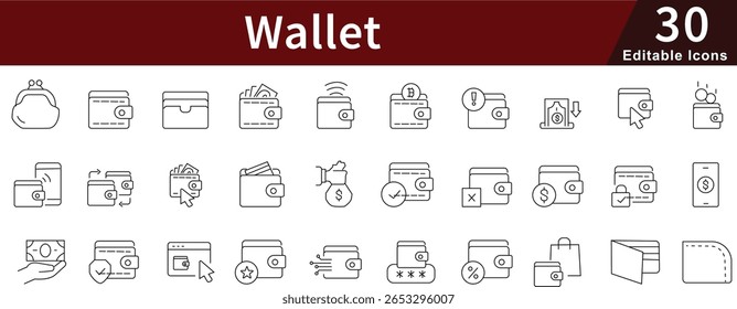 Wallet Ícones de Linha Editáveis Definidos para Finanças e Pagamentos