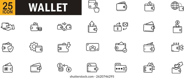 Wallet editable outline icon set. Payment finance crypto transfer password cash and more.