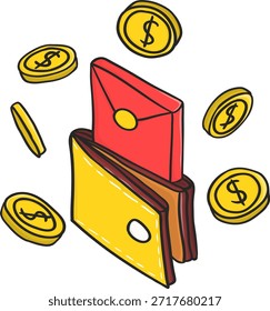 Carteira com ilustração de envelopes e moedas