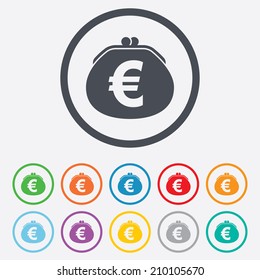 Wallet euro sign icon. Cash bag symbol. Round circle buttons with frame. Vector