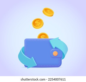 Wallet and falling coins vector illustration. Purse icon 3d. Cashback, money transfer concept for landing page, web, mobile app, poster, banner, flyer.