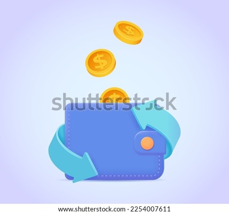 Wallet and falling coins vector illustration. Purse icon 3d. Cashback, money transfer concept for landing page, web, mobile app, poster, banner, flyer.