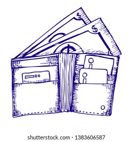 wallet filled with dollars, sketch