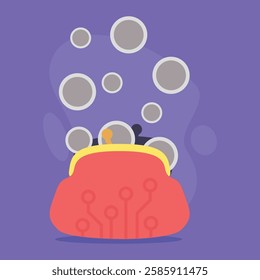 Wallet filled with metallic currency bubbles floating against purple background. Modern finance and digital transactions concept