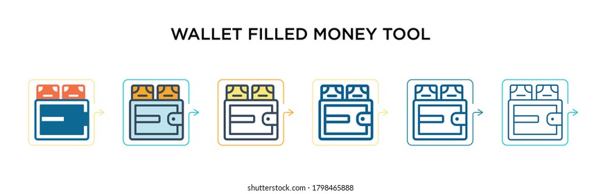 Icono vectorial de herramienta de dinero relleno de cartera en 6 estilos diferentes. Iconos de herramientas de dinero llenos de billetera negra y de dos colores diseñados en estilo relleno, contorno, línea y trazo. La ilustración del vector puede ser