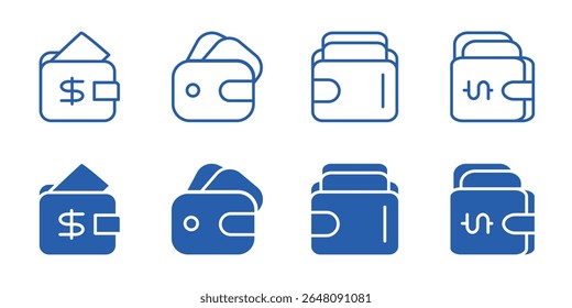 Wallet and Finance Icon Set. 4 Editable Stroke and 4 Fill Icons for Shopping, Budget and Money Management.