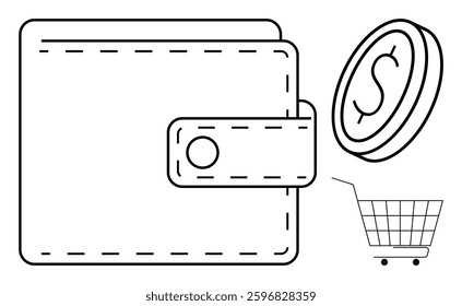 Wallet with a flap, coin marked with a dollar sign, and a shopping cart. Ideal for themes like personal finance, saving money, budgeting, shopping, and economic management. Simple line art