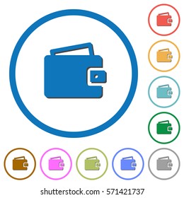 Wallet flat color vector icons with shadows in round outlines on white background
