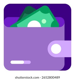 Wallet Estilo de design plano, carteira roxa preenchida com contas de dinheiro, simbolizando finanças pessoais ou rastreamento de despesas em interfaces bancárias móveis.
