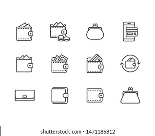 Wallet flat line icons set. Purse with money, coins, credit card, cashback, online payment vector illustrations. Finance outline signs. Editable Strokes.