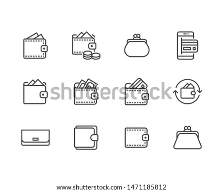Wallet flat line icons set. Purse with money, coins, credit card, cashback, online payment vector illustrations. Finance outline signs. Editable Strokes.