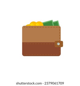 Diseño de vectores planos de cartera para el vector de cartera de negocios y finanzas. Con dólares y monedas financieras en efectivo.