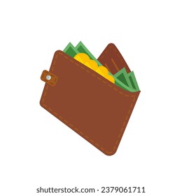 Wallet flat vector design for business and finance wallet vector. With cash financial dollars and coins.