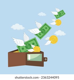 Wallet and fly money vector image. Bad budget management, illustration vector cartoon EPS 10.