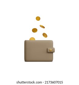 Wallet with flying golden coins in realistic cartoon style. 3D design element for cashback concept. Vector illustration