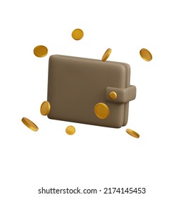 Wallet with flying golden coins in realistic cartoon style. 3D design element for cashback concept. Vector illustration