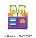 wallet full of bills and coins vector illustration