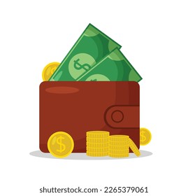 wallet full of bills and coins vector illustration