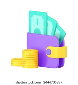 Wallet full of cash money dollar golden coin richness financial budget 3d icon realistic vector illustration. Banking account finance independence profit wealth salary income earnings wage shopping